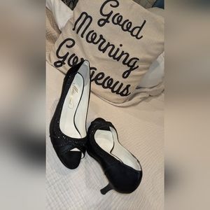 Black satin and bead open toe heel